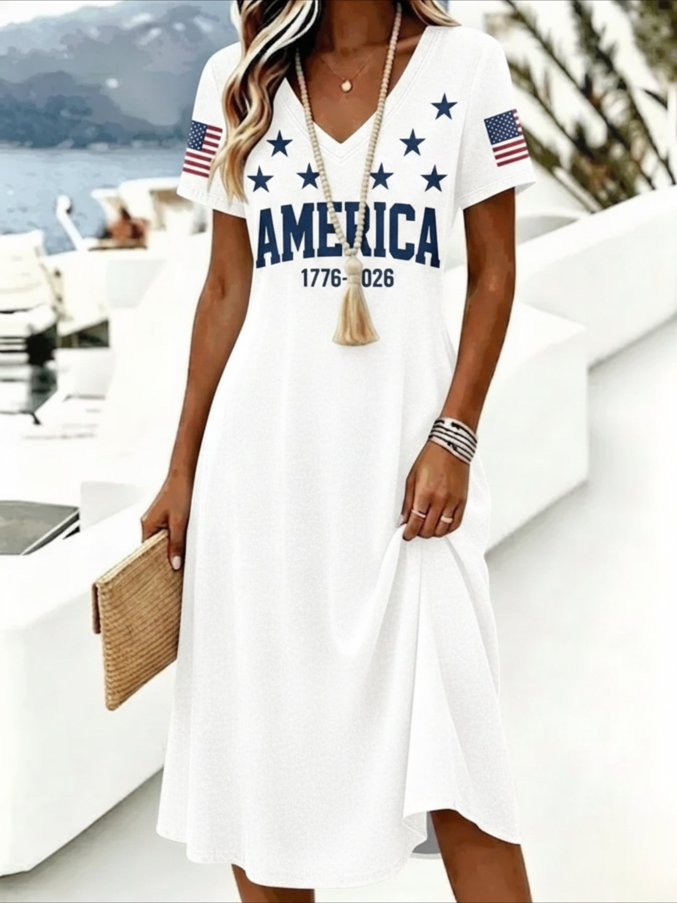 Print Short Sleeve V-Neck Casual Midi Dress