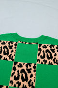 Green Plus Size Leopard Contrasted Checkered Short Sleeve Sweater