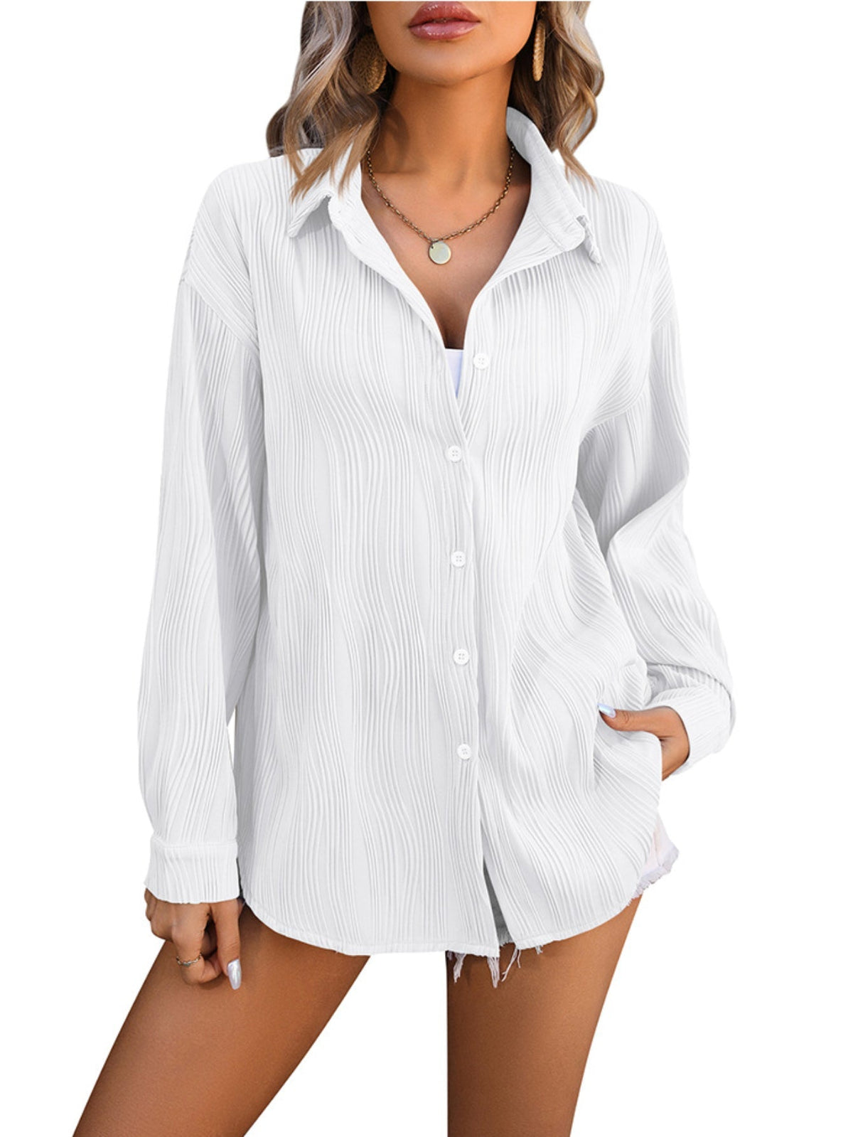 Solid Textured Button Front Shirt, Vintage Long Sleeve Shirt