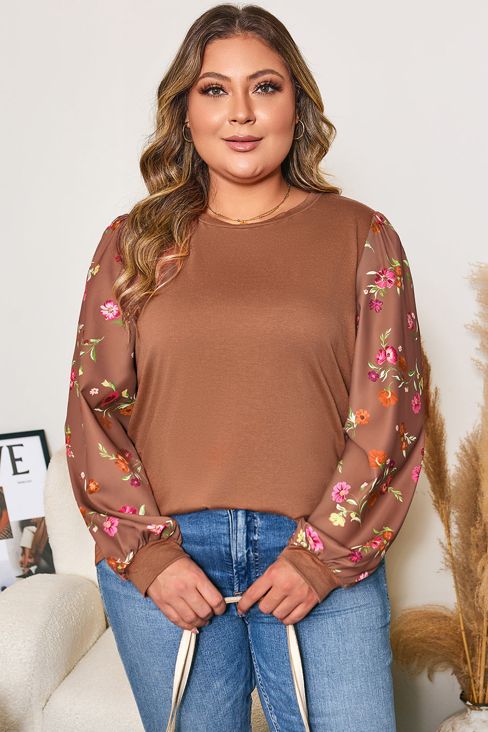 Brown Floral Sleeve Patchwork Round Neck Plus Blouse