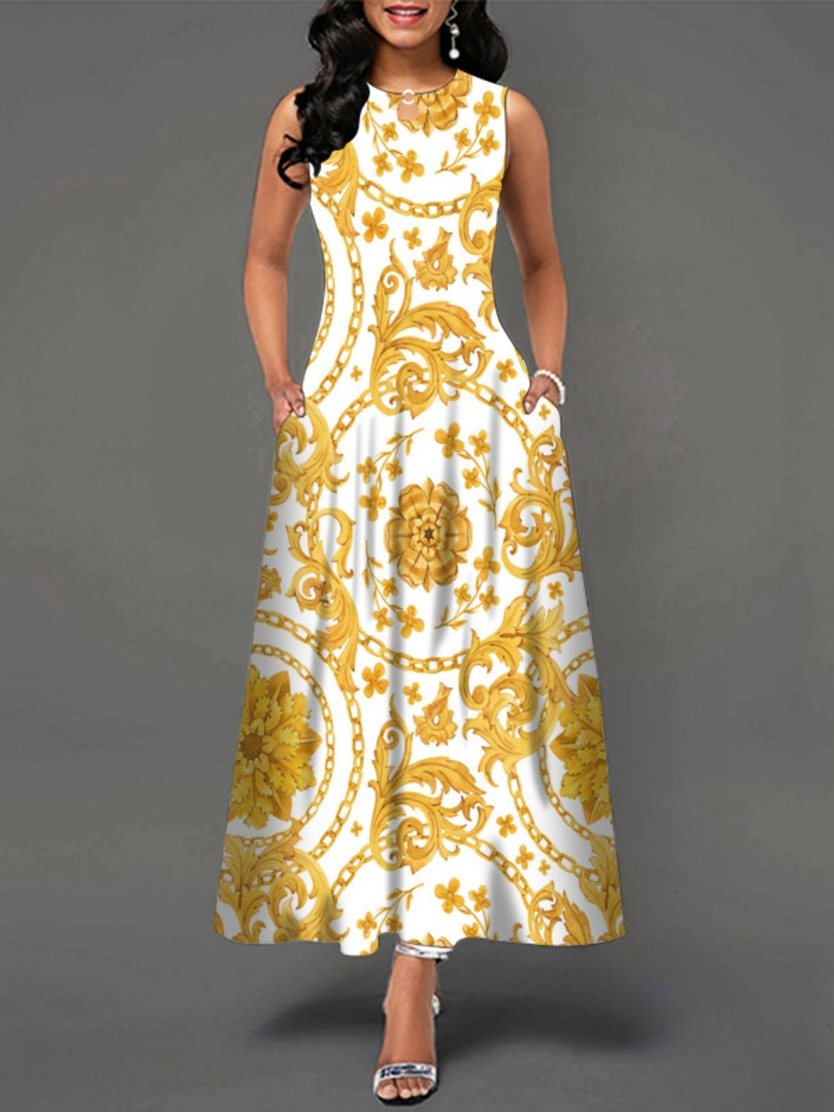 Casual Tank Dress, Colorblock Floral Print Cut Out Round Neck Medium Stretch Maxi Tank Dress