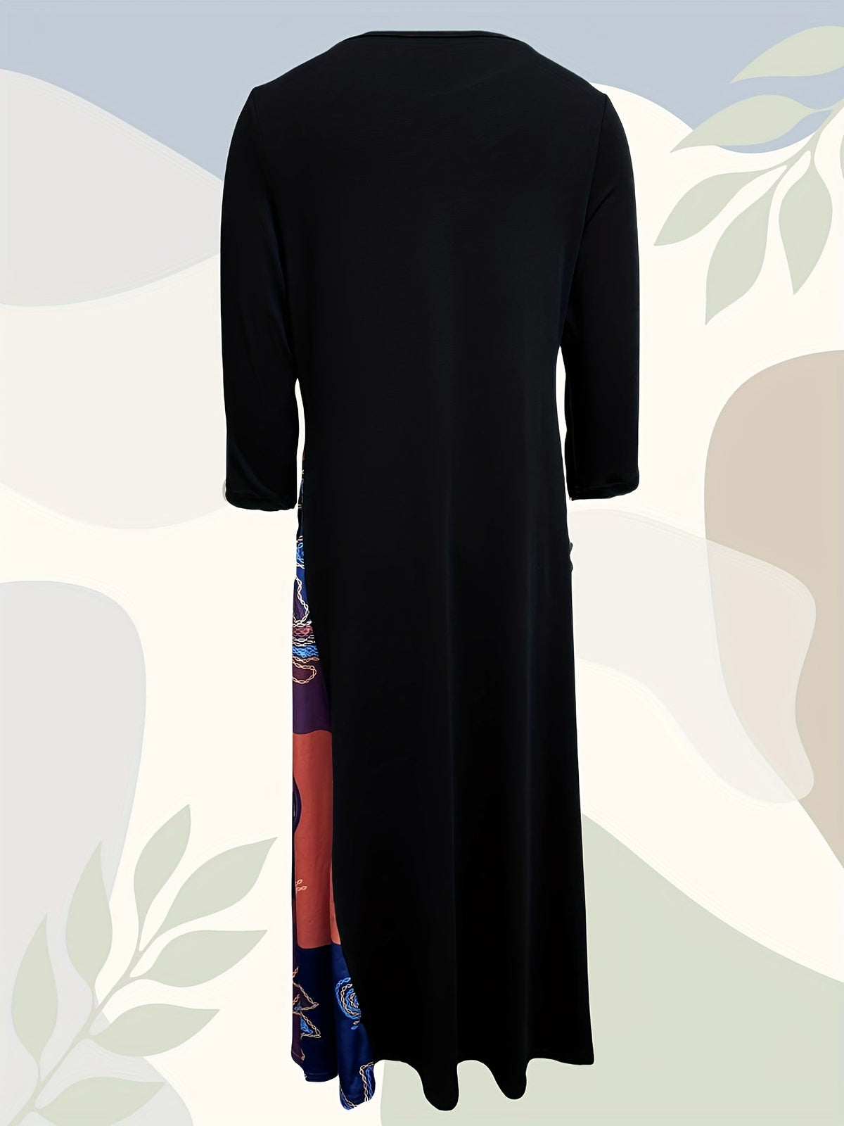 Tribal Print Crew Neck Panel Dress, Casual Long Sleeve Loose Maxi Dress