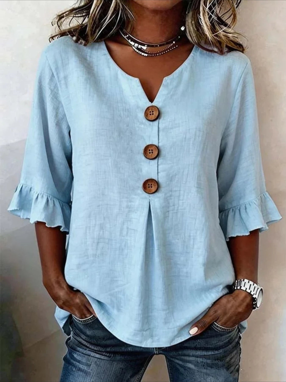 Solid Color Floral V Neck Button Short Ruffle Sleeve Casual Top