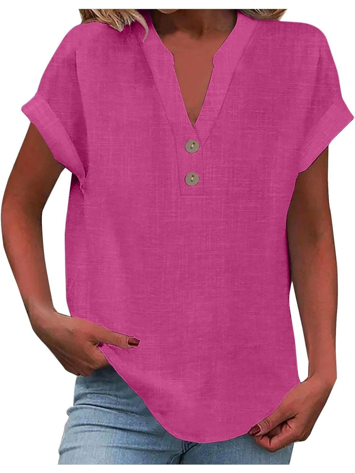 Solid Color V Neck Short Sleeve Button Down T Shirts