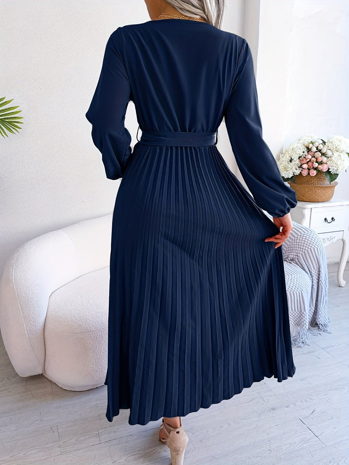 Pleated Surplice Neck Dress, Elegant Long Sleeve Solid Dress, Women's Clothing