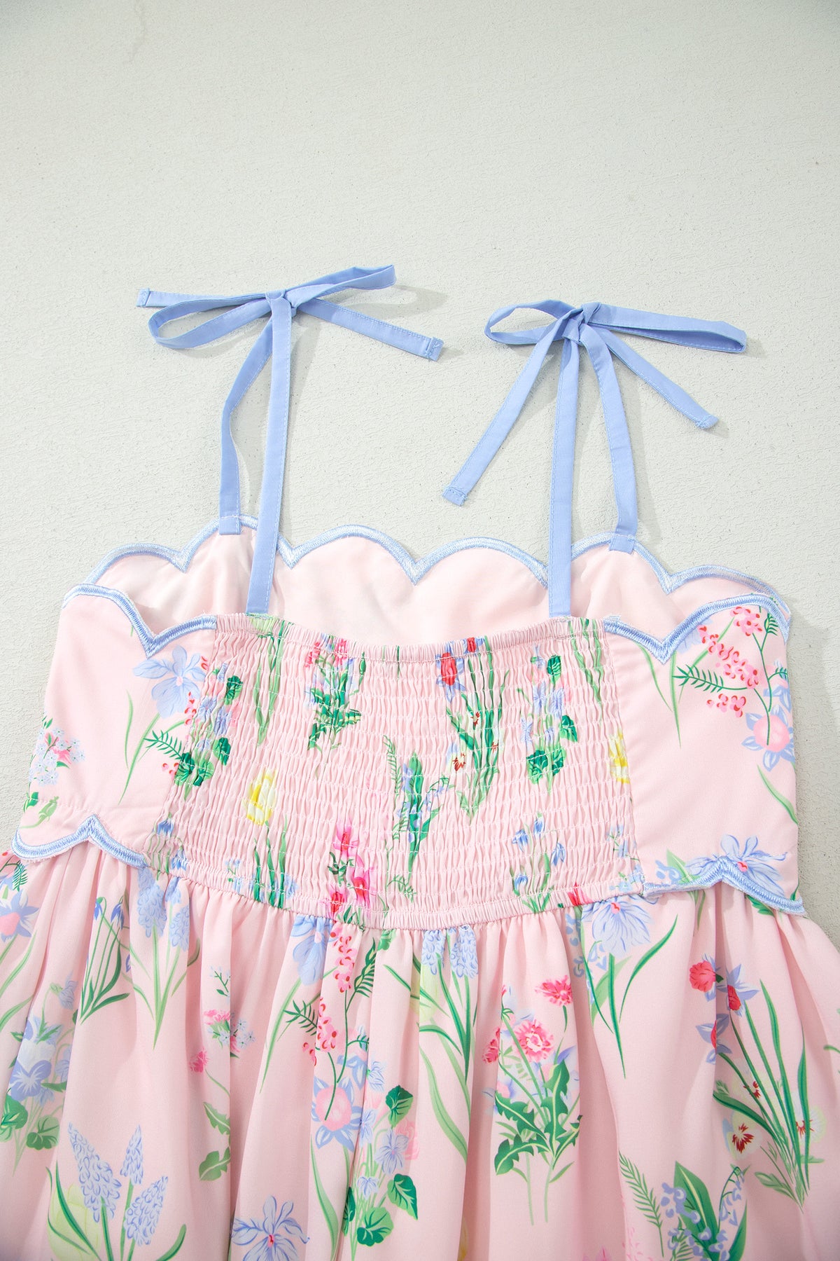 Pink Floral Print Contrast Trim Self-tie Straps High Waist Midi Dress