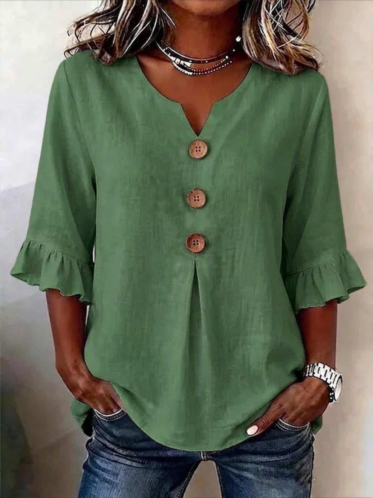 Solid Color Floral V Neck Button Short Ruffle Sleeve Casual Top