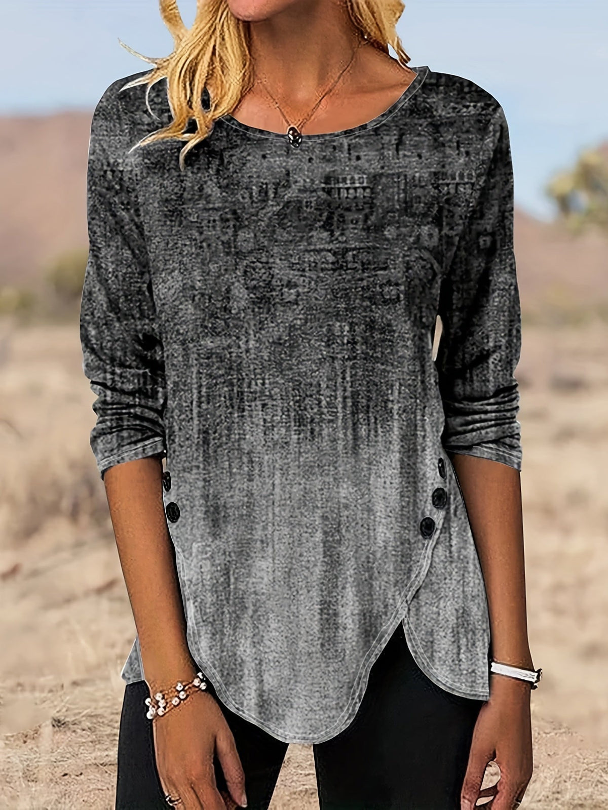 Graphic Print Buttons Front T-Shirt, Casual Long Sleeve Asymmetrical Hem T-Shirt