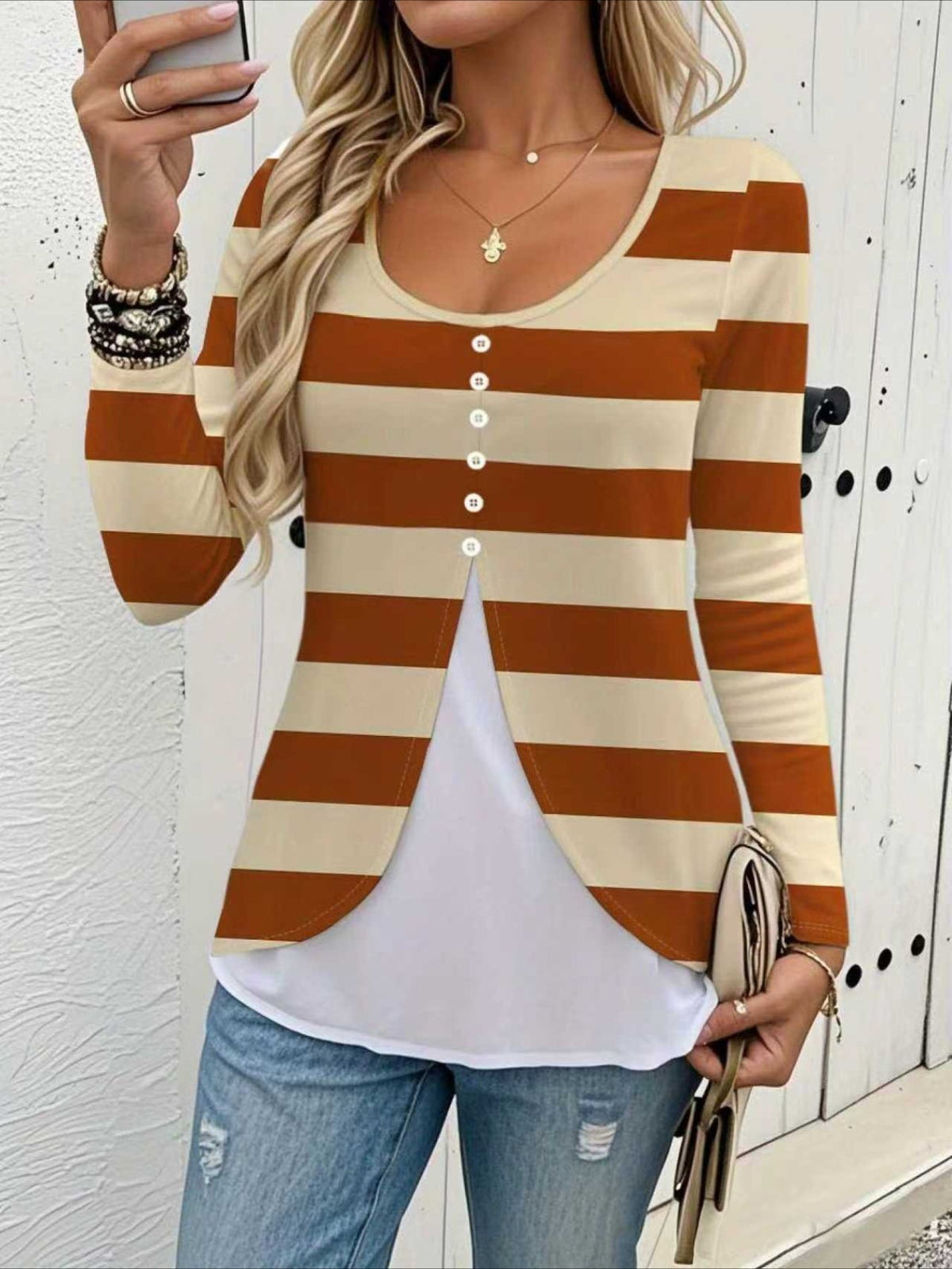 Elegant Striped Long Sleeve Button-Up White Checkered Pattern Round Neck Checkered Pattern T-shirt