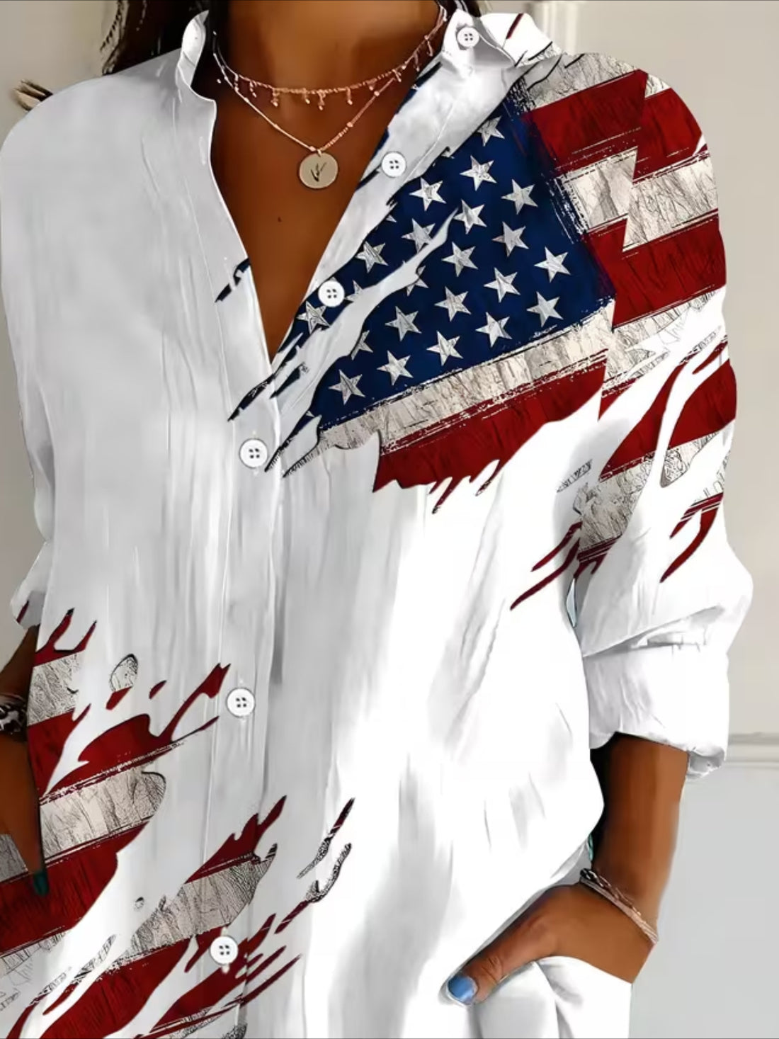 Casual National Flag Floral Print Blouse with Lapel Collar