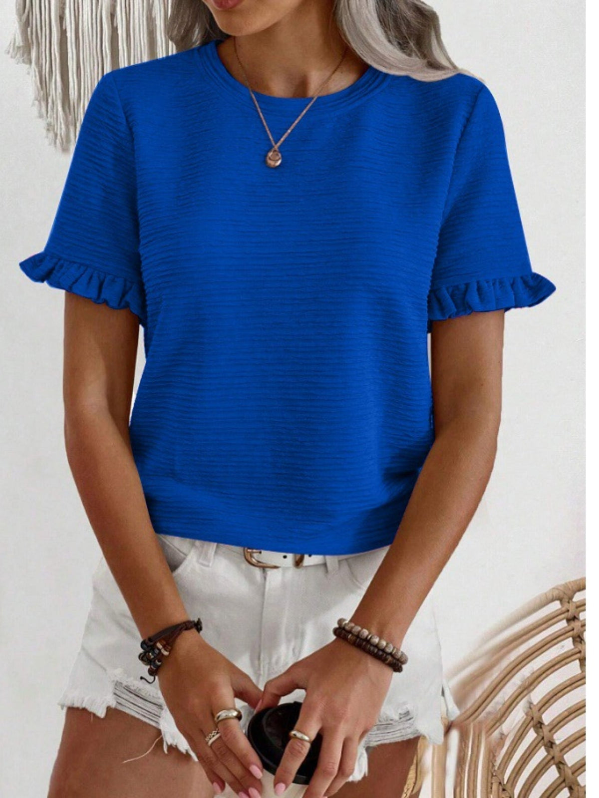 Solid Color Textured Crew Neck T-Shirt, Elegant Ruffle Trim Short Sleeve T-Shirt