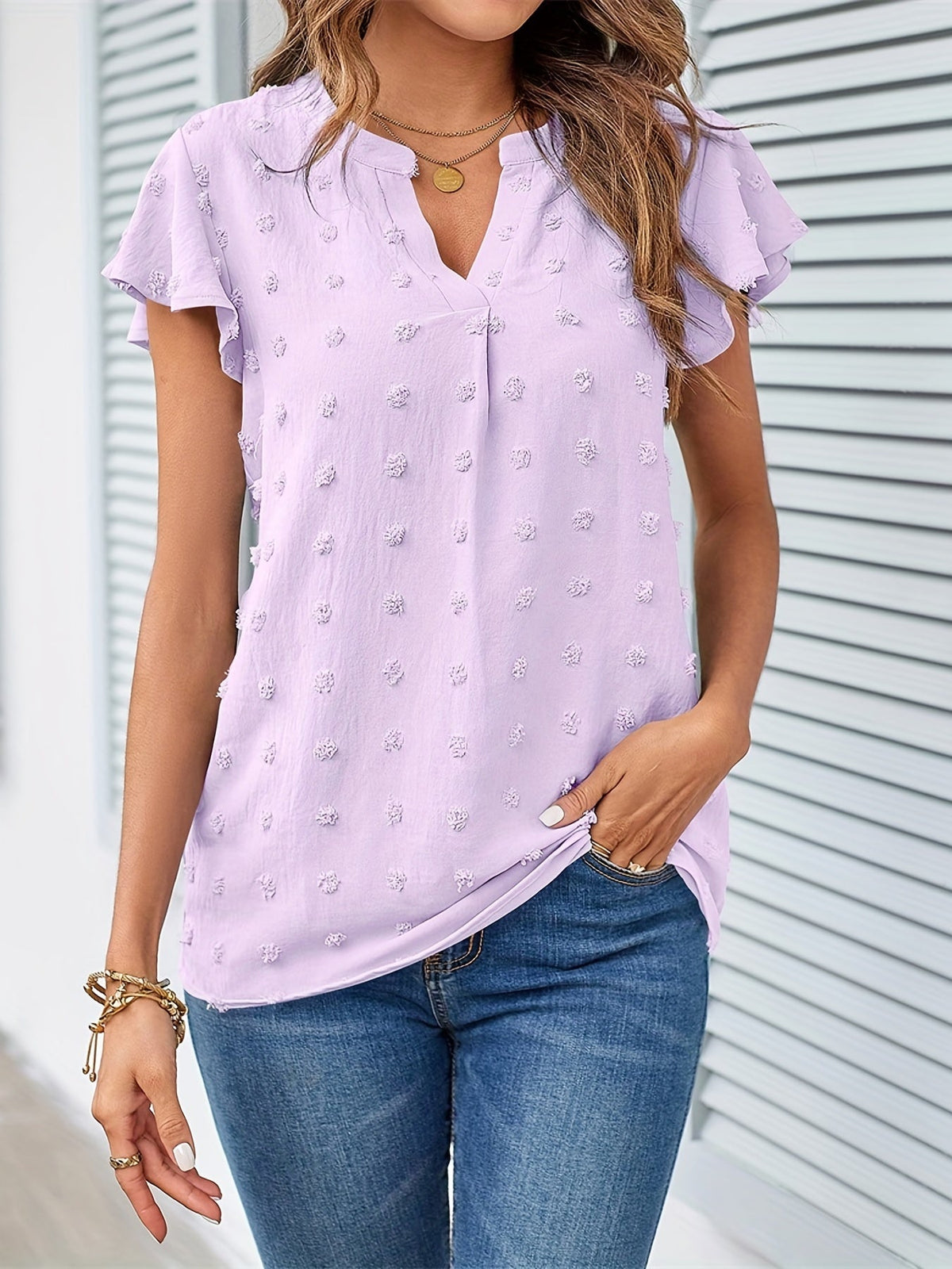 Swiss Dot V Neck Blouse, Casual Ruffle Sleeve Blouse