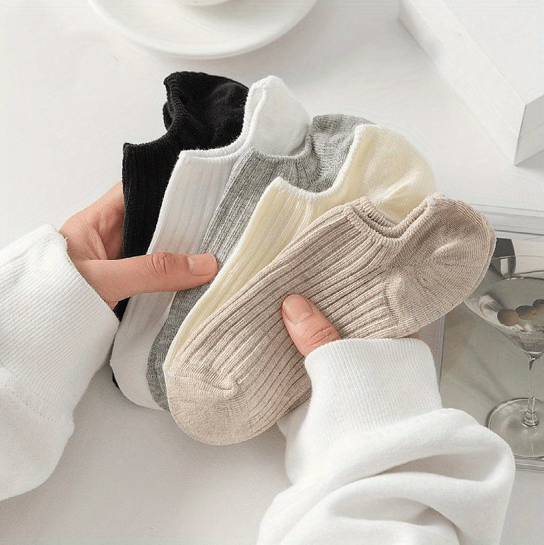5 Pairs Solid Ribbed Socks, Casual & Comfy All-match Ankle Socks