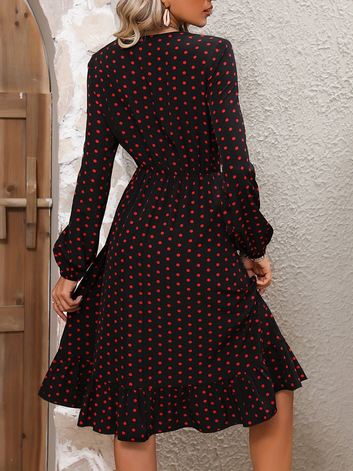Retro V-neck Ruffle Dress, Polka Dot Print Long Sleeve Waist Loose Summer Dresses