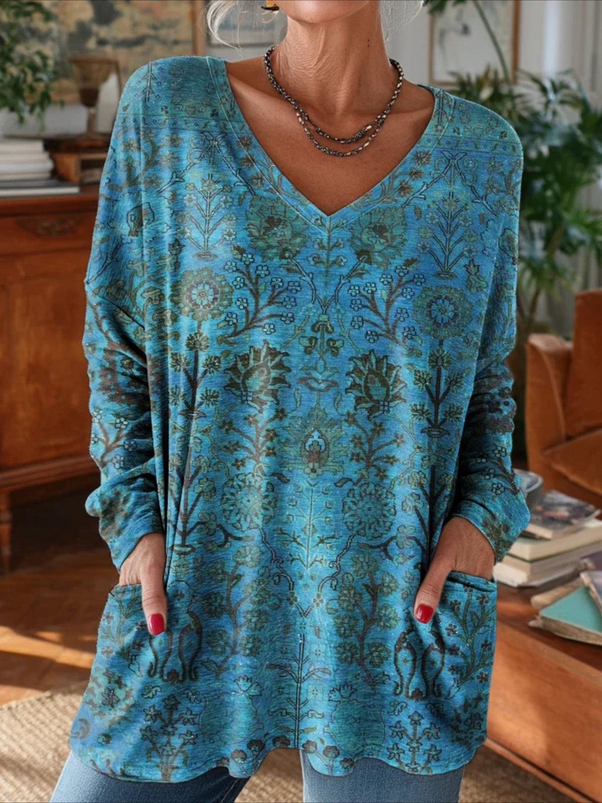 Long Sleeve Spring/Fall Floral Printing V Neck Daily Going Out Vintage Top