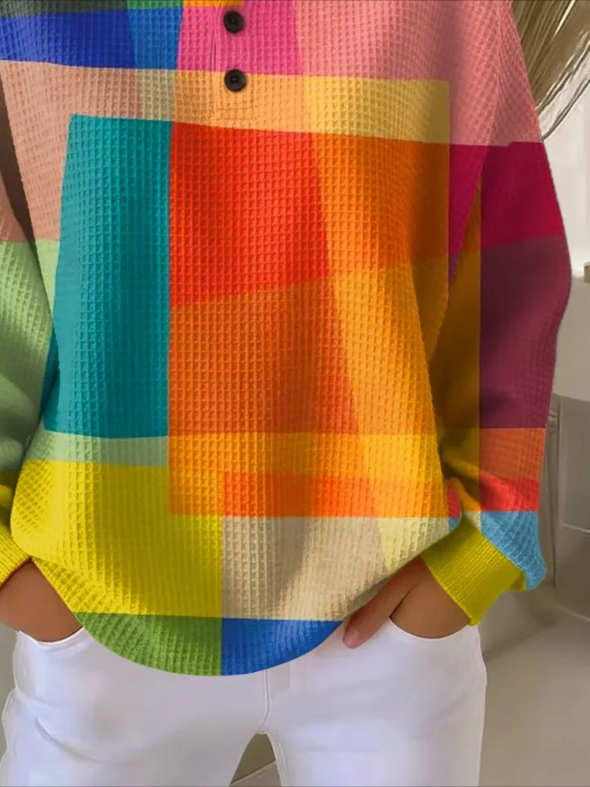 Colorful Ribbed V Neck Braided Print Long Sleeve Regular Sweatshirt