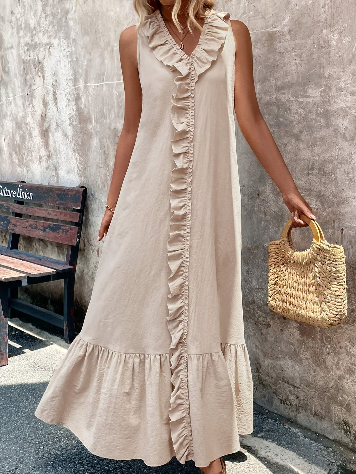 Sleeveless V-Neck Women's Elegant Green Ruffle Hem Midi Dress