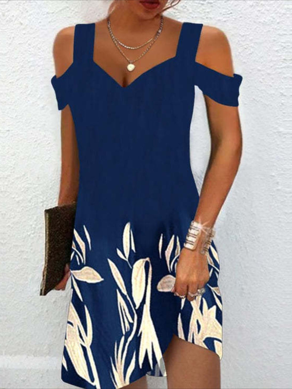 Chic Blossom Cold-Shoulder Dress, Effortless V-Neck Fit, Short Sleeves, Perfect for Casual Outings