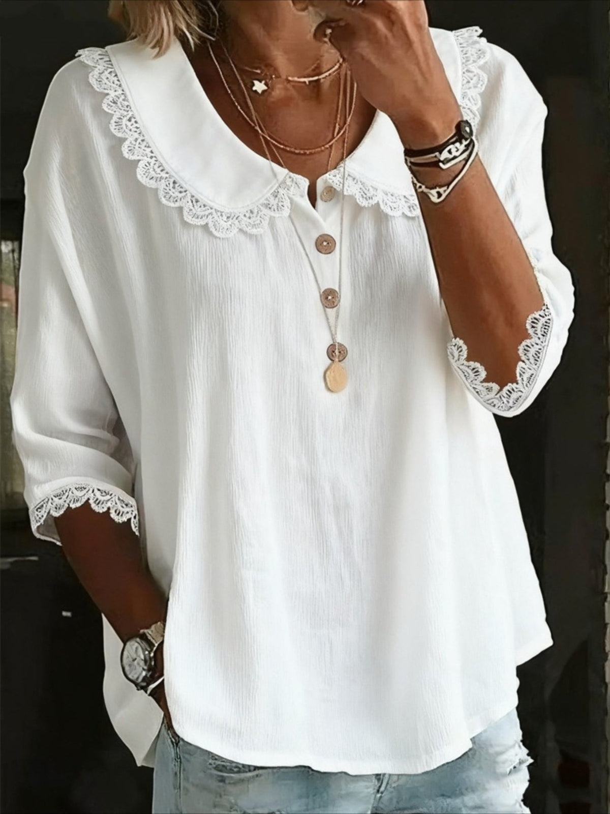 Solid Color button-down shirt with a collared lace trim