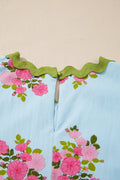 Sky Blue Floral Printed Contrast Ricrac Detail Bubble Sleeve Dress