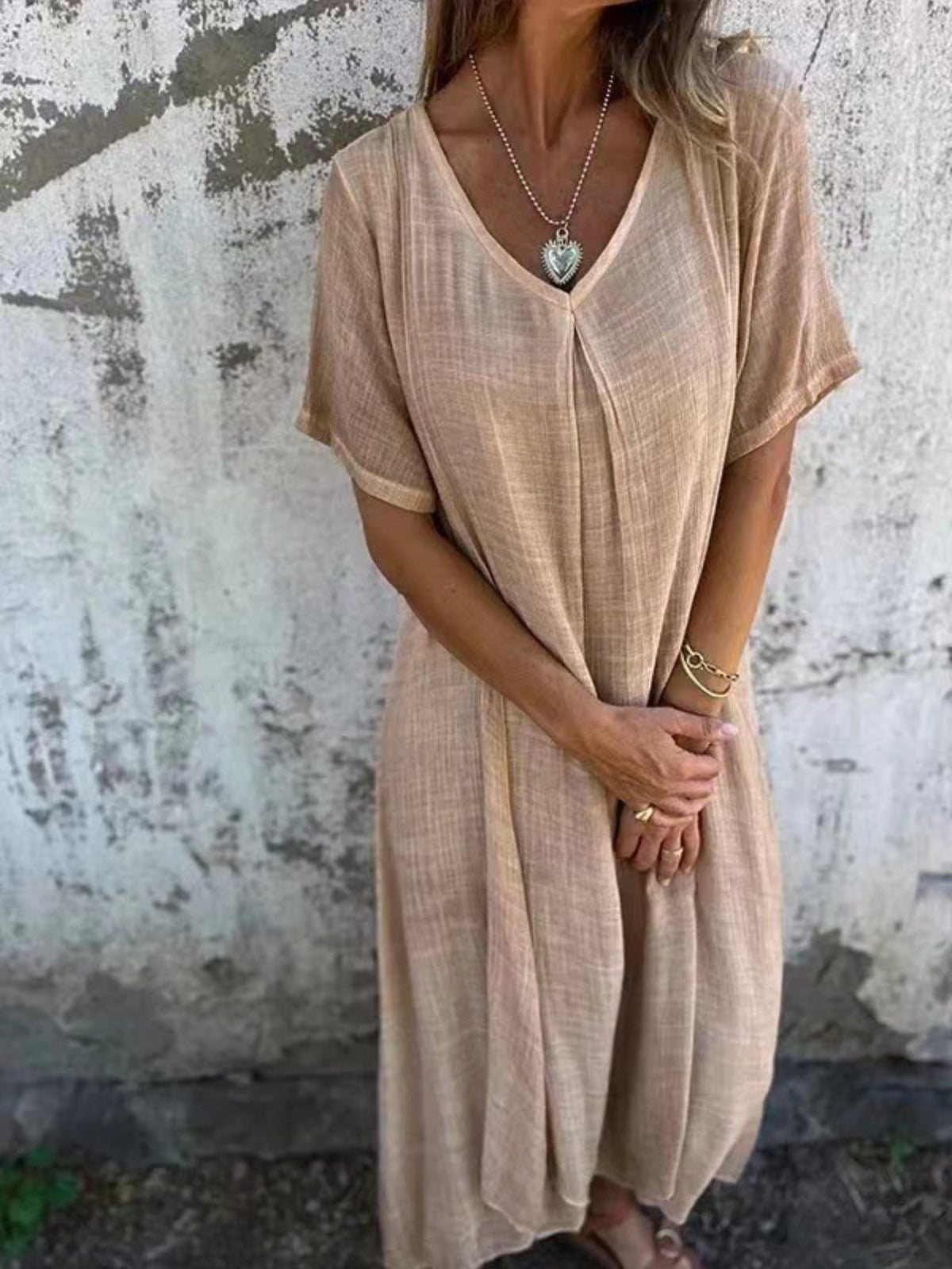 Solid Color Cotton Linen V-Neck Casual Maxi Dress
