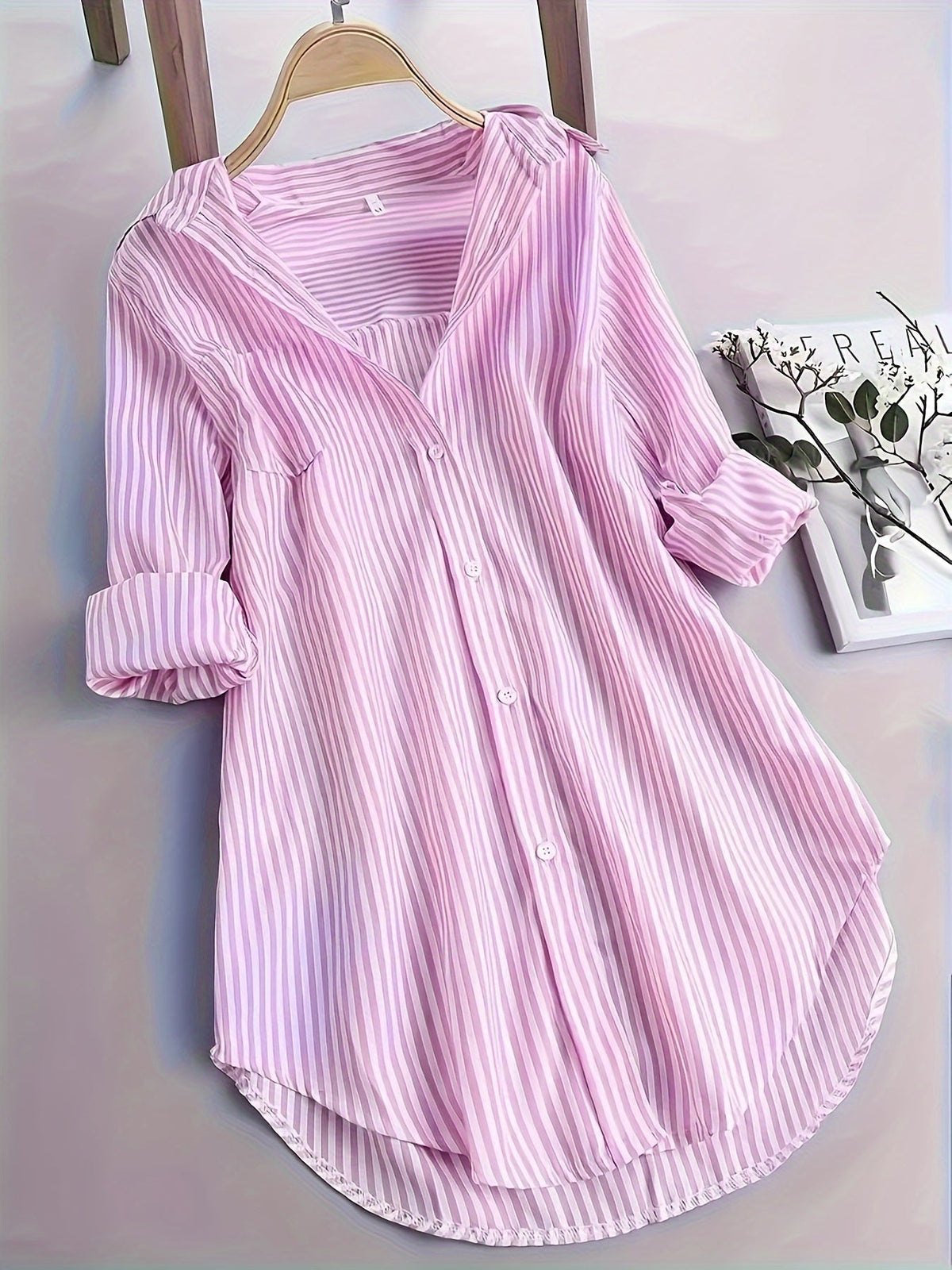 Stripe Print Polo Collar Button Shirt, Casual Long Sleeve Shirt