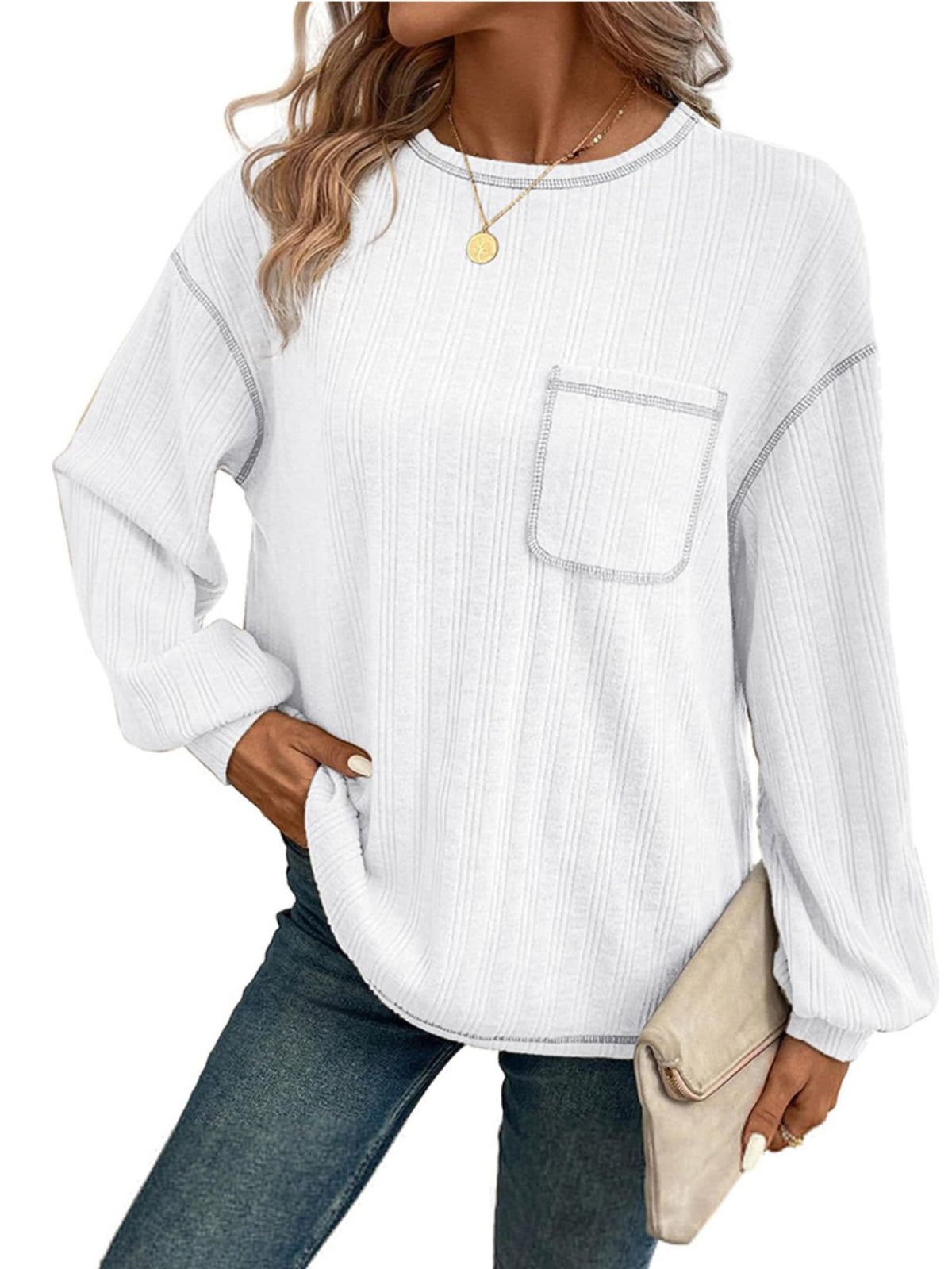 Long Sleeve Shirts Solid Crewneck Knitted Loose Fit Pullover Shirts Tops