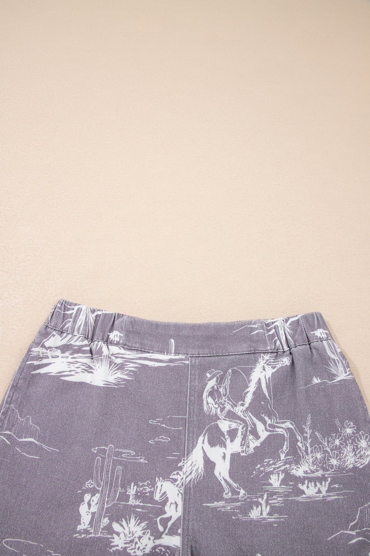 Gray Western Print Elastic Waist Cotton Denim Shorts