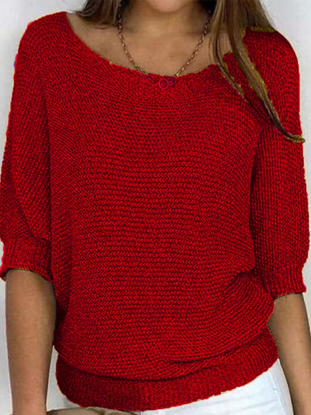 Solid Simple Knit Sweater, Casual Crew Neck 3/4 Sleeve Sweater