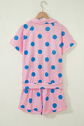Pink Polka Dot Print V Neck Tee Short Set