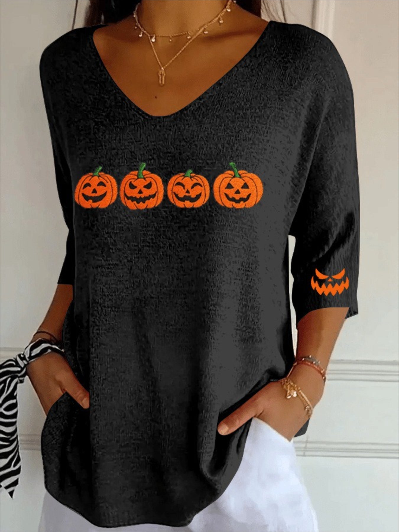 Halloween Crew Neck Three Quarter Sleeve T-shirt