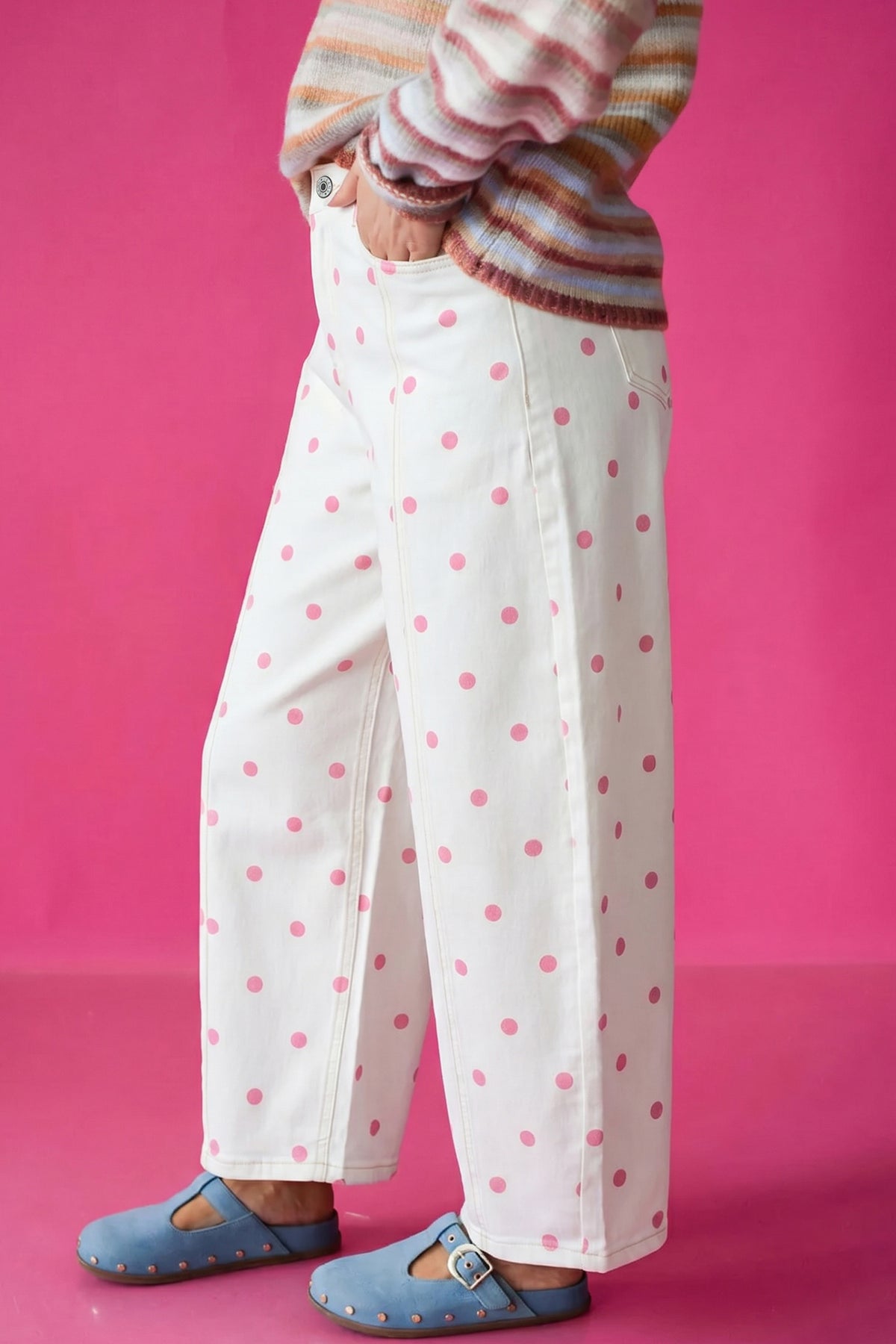 Pink Tailored Seam Polka Dot Print Barrel Casual Jeans