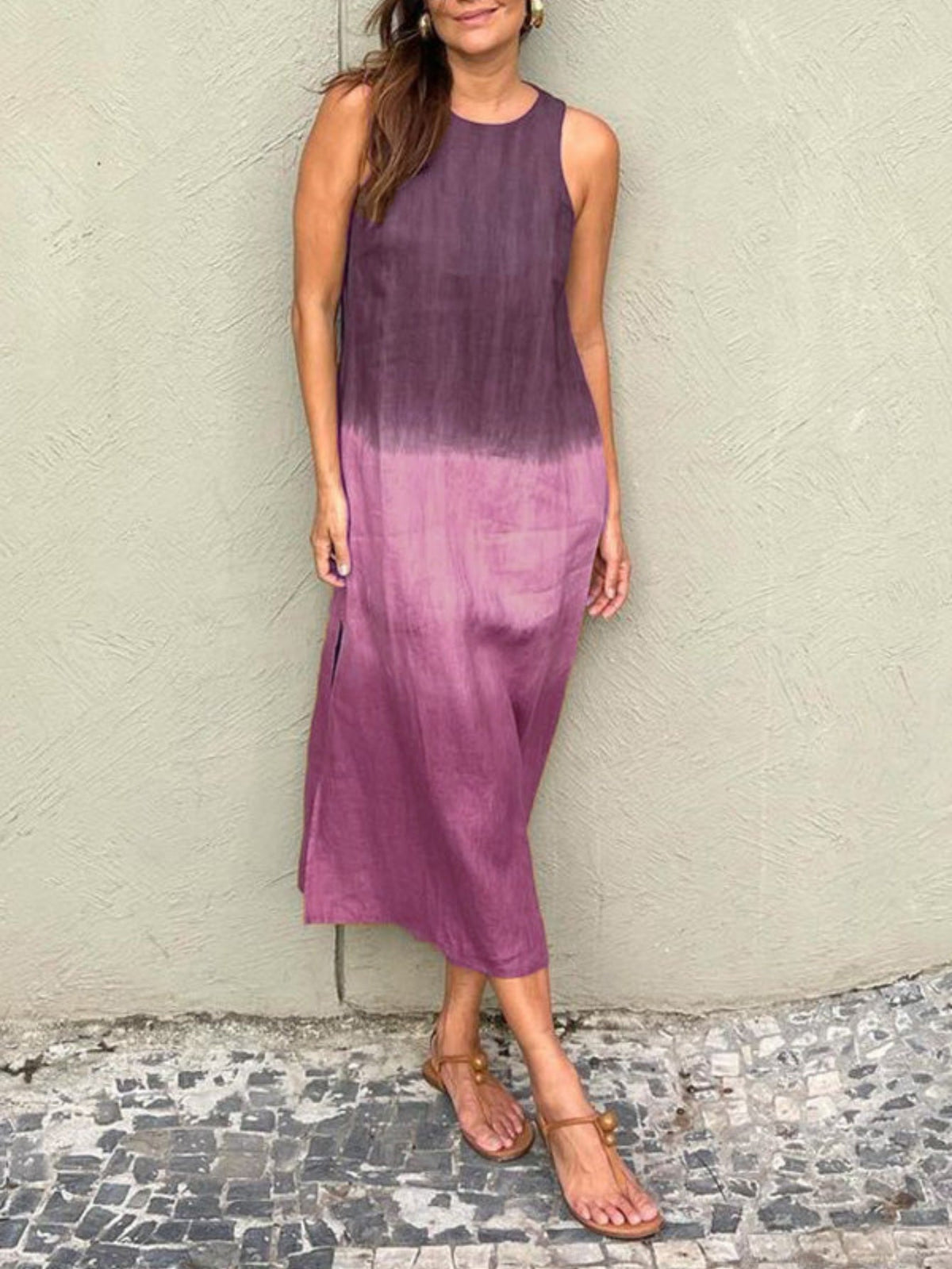 Casual Cotton Linen Sleeveless Side Slit Gradient Color Dress