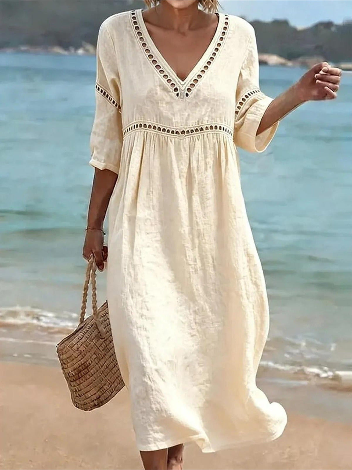 Casual V-Neck Solid Color Hollow Out Dress