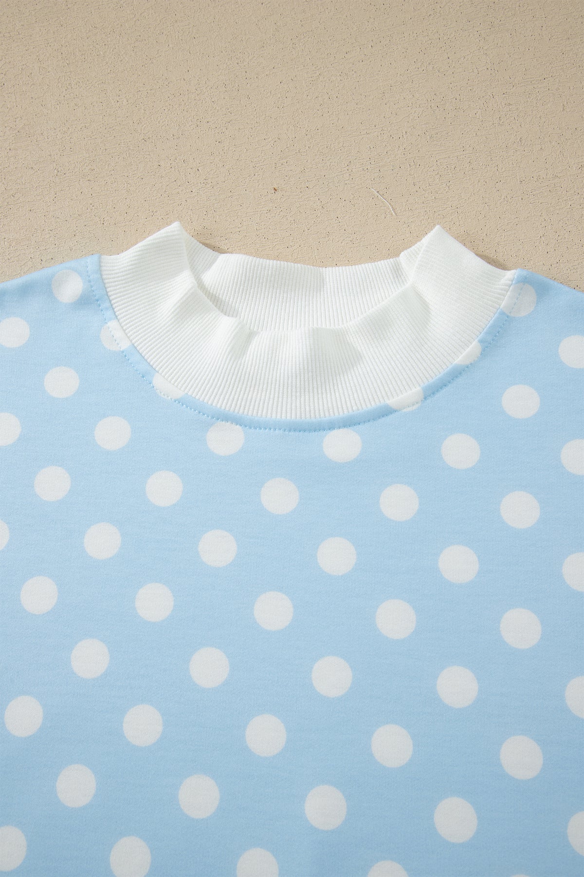 Sky Blue Polka Dot Print Color Block Trim Mock Neck Short Set