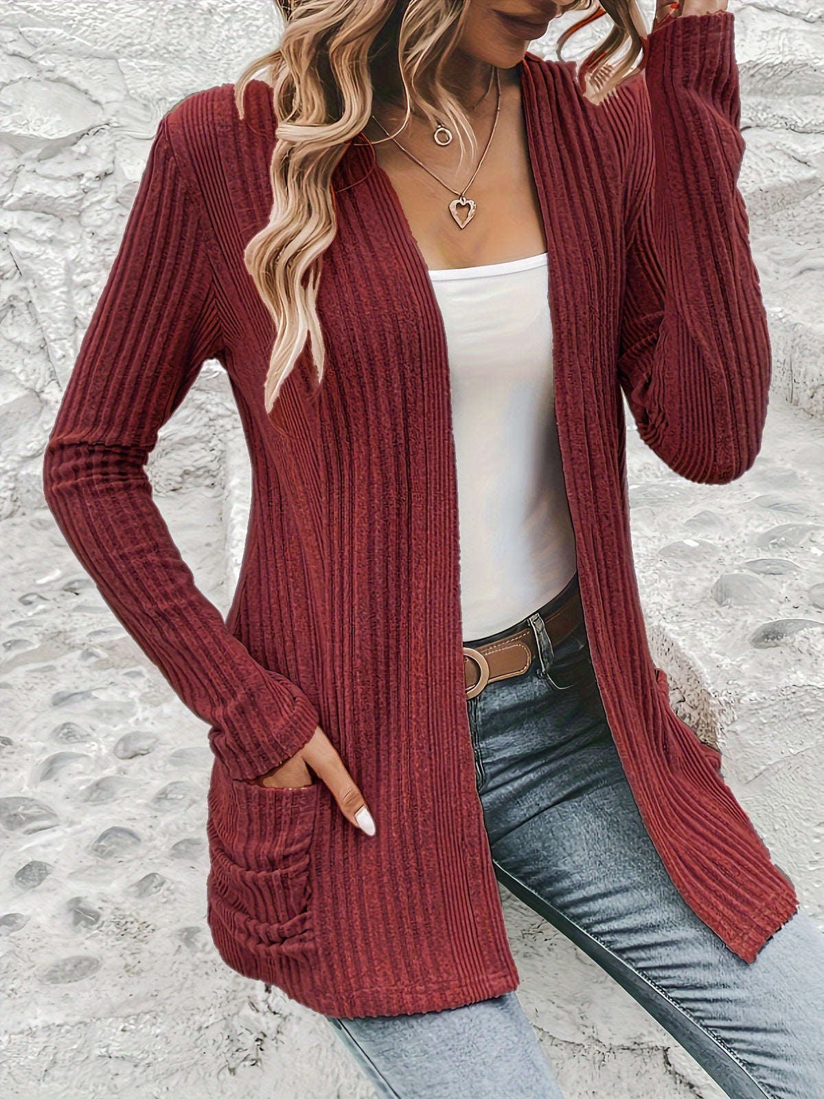 Solid Open Front Rib Knit Cardigan, Casual Long Sleeve Slim Cardigan With Pocket