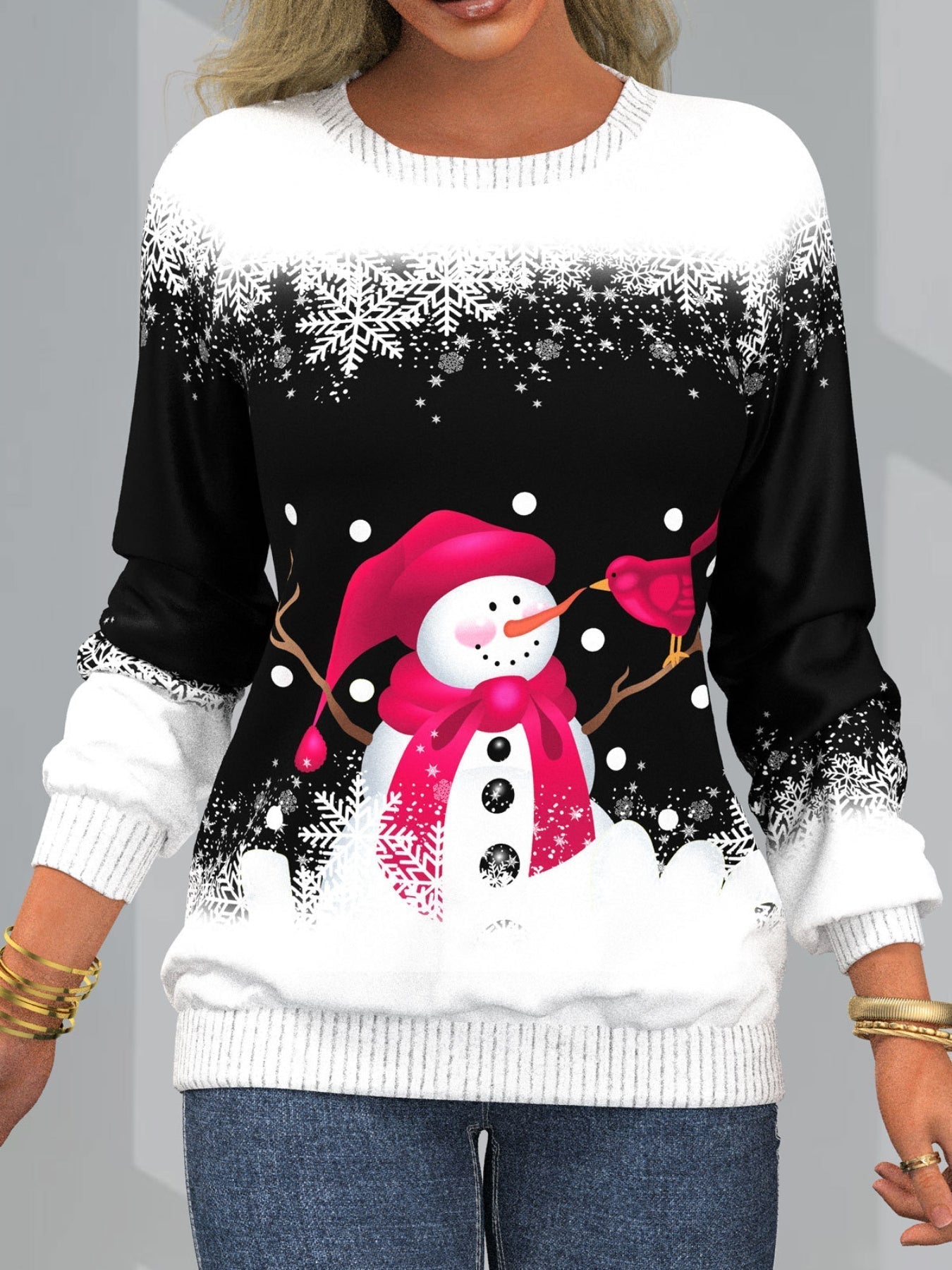Snowman & Snowflake Print Sweatshirt, Casual Long Sleeve Crew Neck Sweatshirt