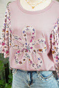 Pink Contrast Floral Patched Flowy Half Sleeve Blouse
