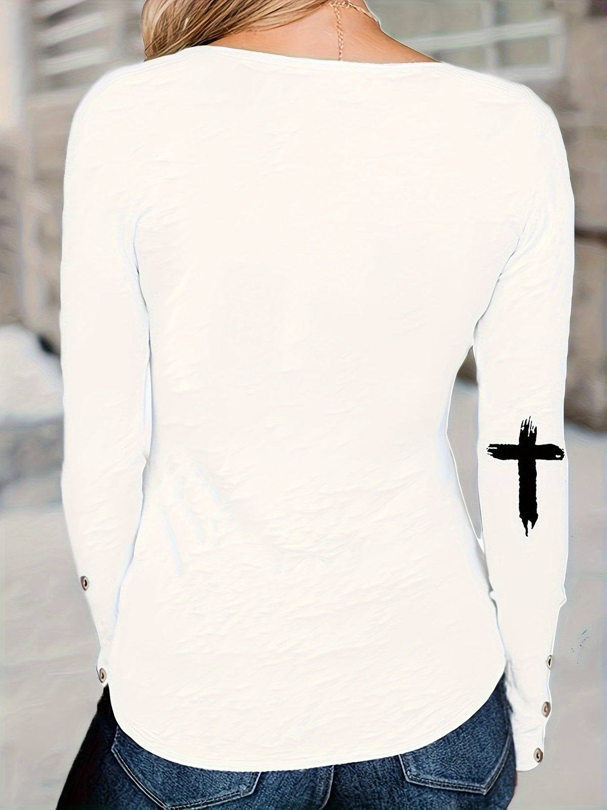 Cross & Letter Print Crew Neck T-Shirt, Casual Long Sleeve Top