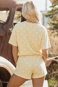 Yellow Polka Dot Short Sleeve Loose Top Drawstring Shorts Set