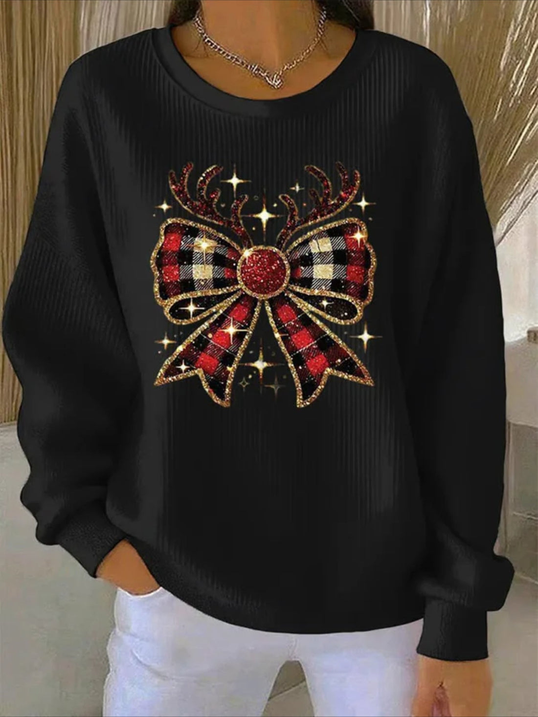 Christmas Printed Crew Neck Floral Long Sleeve Sweater Hoodie
