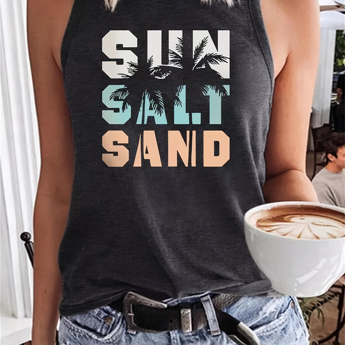 Sun Salt Sand Print Tank Top, Casual Sleeveless Crew Neck Beach Tank Top