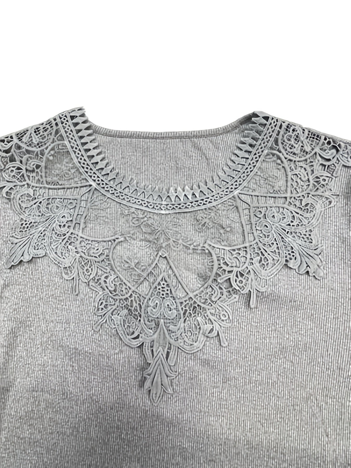Casual Top, Women's Solid Contrast Lace Bell Sleeve Round Neck Medium Stretch Top