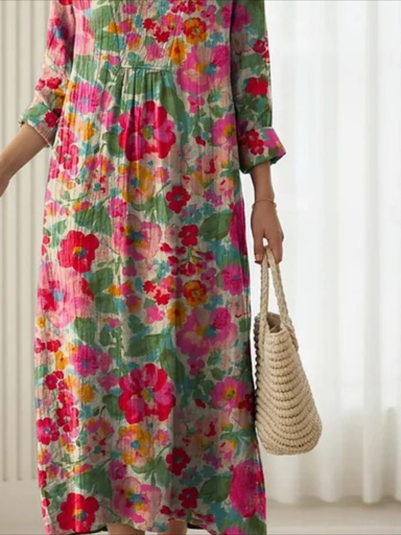 Linen Blend V Neck Casual Dress