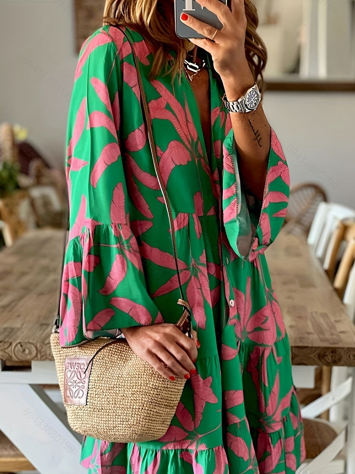 Leaves Print Tiered Long Sleeve Dress