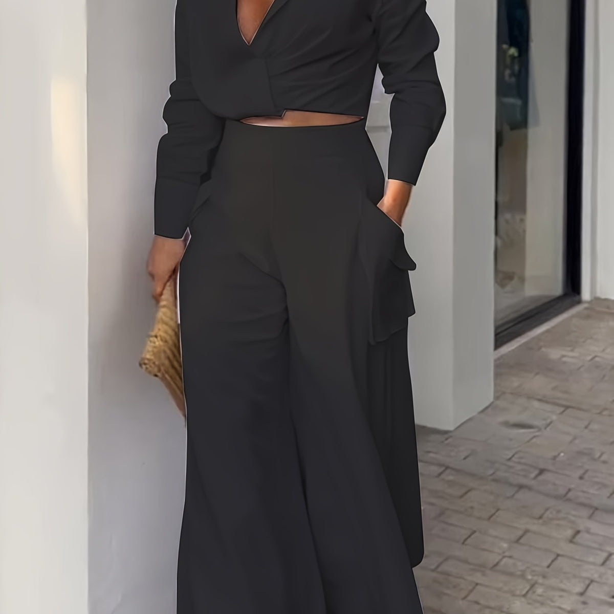 Women's Spring & Fall Loose Two-piece Set, Elegant Solid High Waist Pants And Long Sleeve Top
