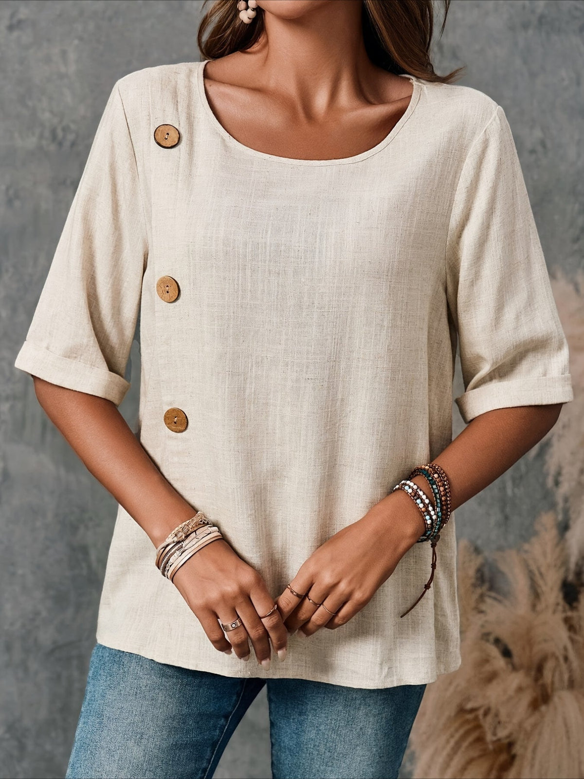 Vintage-Inspired Button-Up Round Neck Blouse with Puffed Sleeves