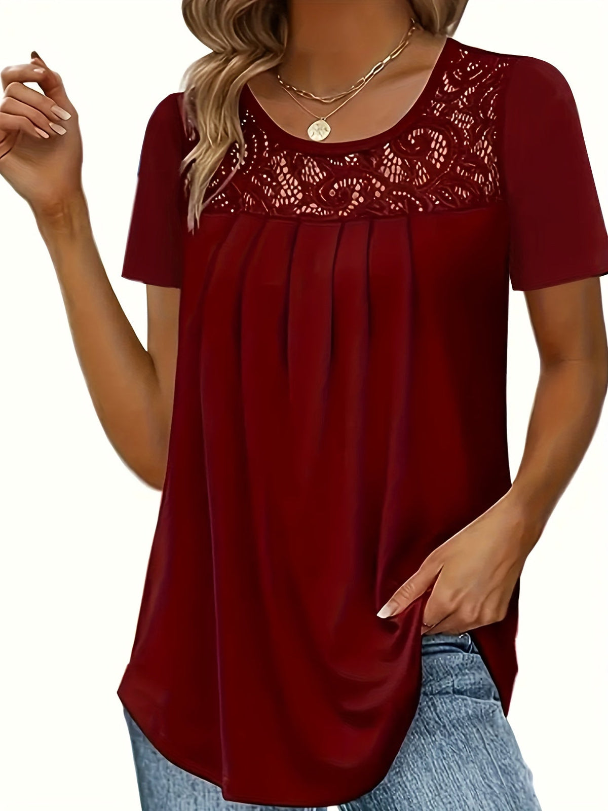 Women's Contrast Lace Ruched T-Shirt - Casual Short Sleeve Top