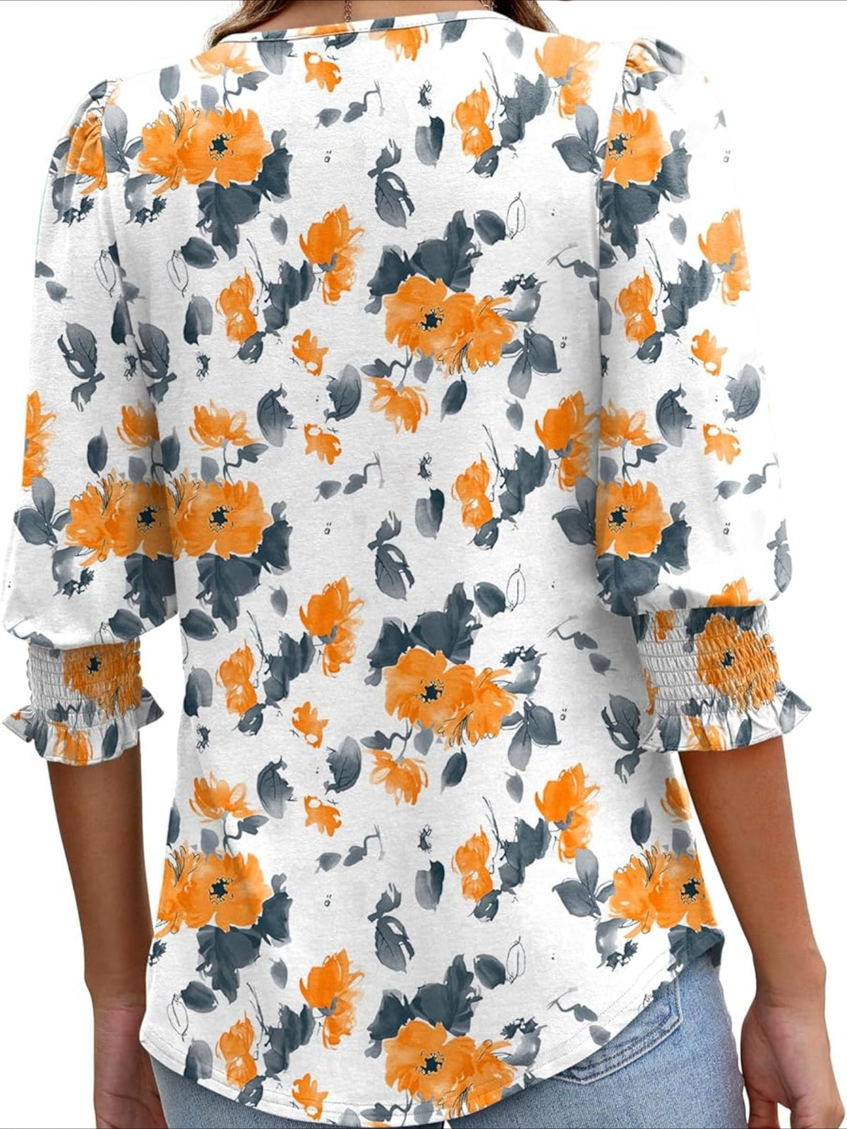 Casual 3/4 Length Sleeve Blouses with Smocked Cuffs