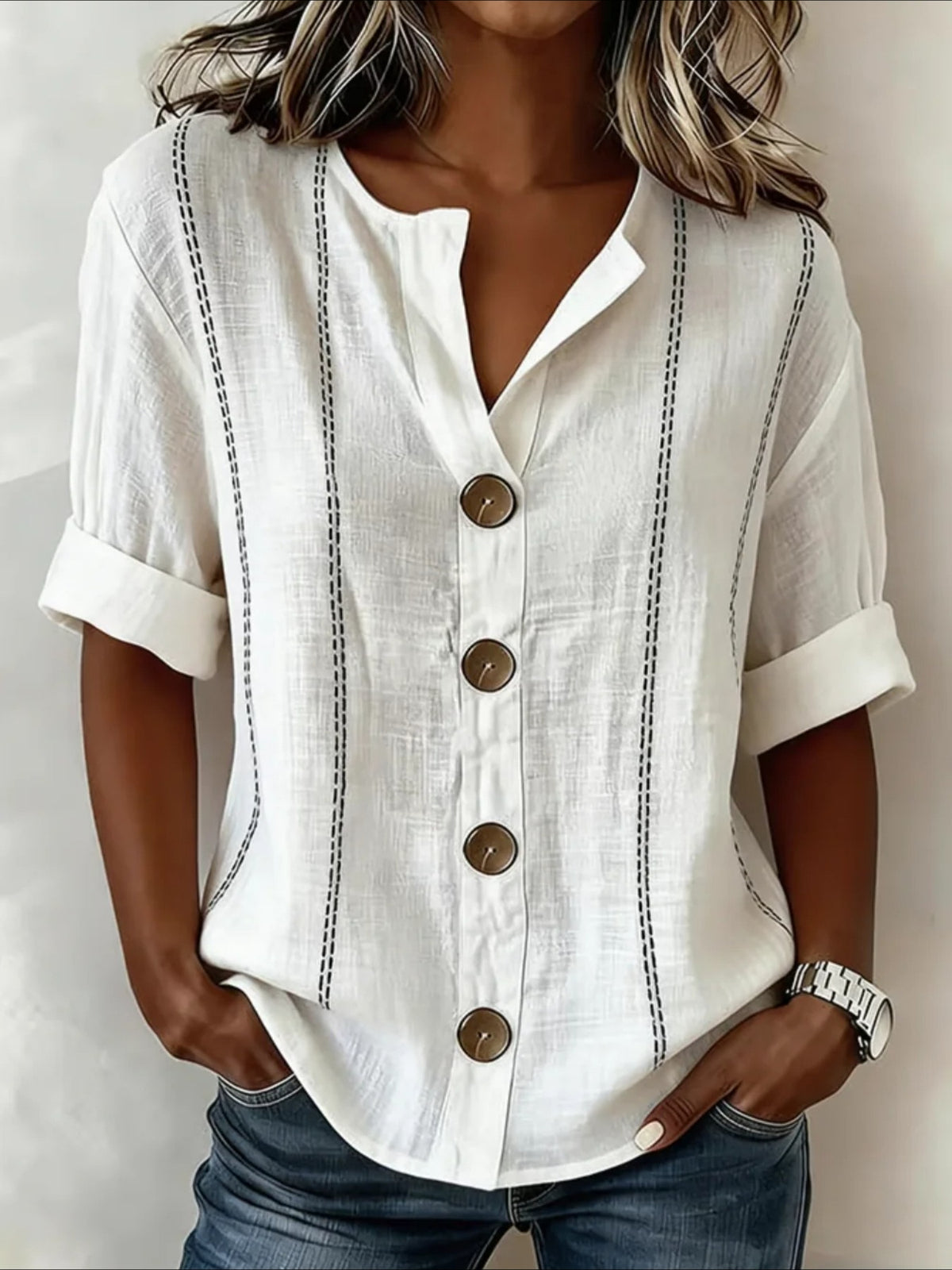 Strip Loose Stand Collar Simple Linen Blend Long Sleeve Shirt